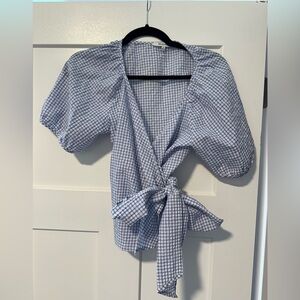 Madewell Blue and White Checkered Wrap Top
